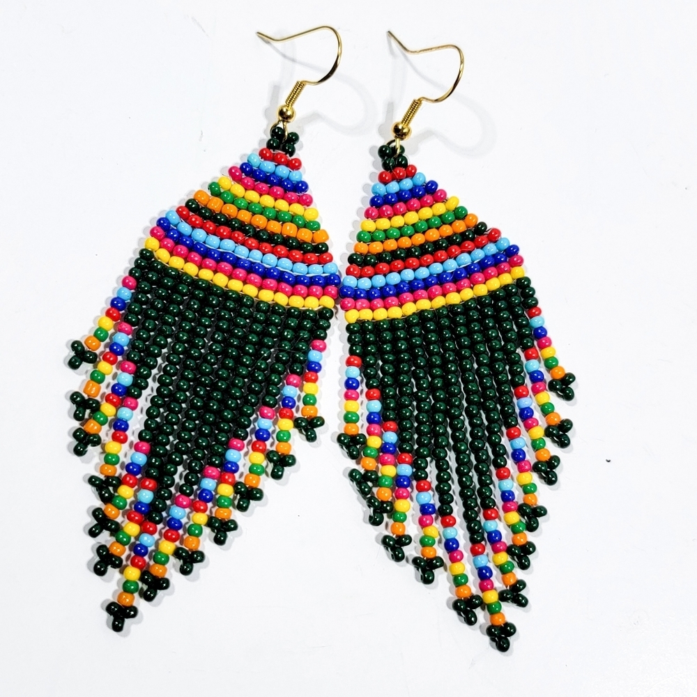 Handmade Forest Green Tribal Seed Bead Fringe Earrings - Picture 5 of 7